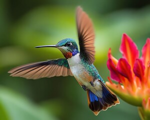 Fototapeta premium Iridescent hummingbird hovering midair beside a vibrant red tropical flower, delicate motion and joyful energy