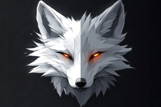 geometric white fox head split symmetrically with glowing orange eyes, sharp angular fur and an intense mysterious stare against a dark grid background
