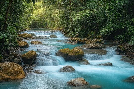serene turquoise stream cascading over mossy boulders through a lush tropical rainforest with soft sunlight and gentle waterfalls