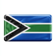 Rectangular glossy emblem displaying the flag of South Africa with a black white green and blue design