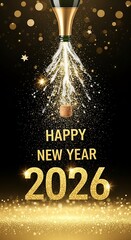 Happy New Year 2026.Champagne bottle spraying celebratory bubbles and golden glitter for happy new year 2026 isolated on transparent background