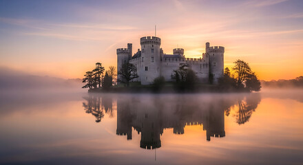 Majestic castle on island reflected in misty lake at sunrise