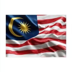Waving Malaysian flag featuring red and white stripes and a blue canton with a yellow crescent moon and star