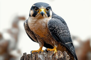 Regal falcon perched on weathered tree stump, poised and vigilant with bright yellow talons, patterned feathers and leg bands