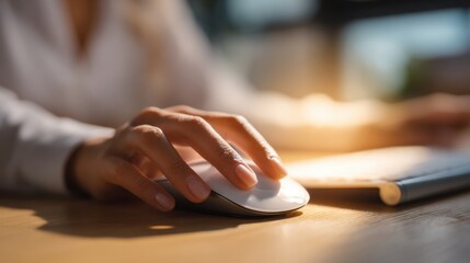 A person's hand is using a computer mouse with a keyboard visible in the background highlighting focus and precision