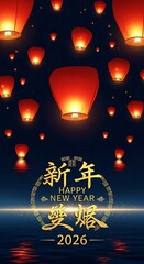 Happy New Year 2026.Red sky lanterns floating in the night sky with chinese new year text and 2026 isolated on transparent background