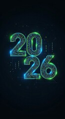 Happy New Year 2026.Futuristic glowing digital numbers 2026 in neon blue and green colors isolated on transparent background