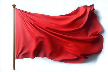 Bold red flag waving on a golden pole against a white background, flowing silk-like fabric with dramatic folds conveying urgency and striking emotion