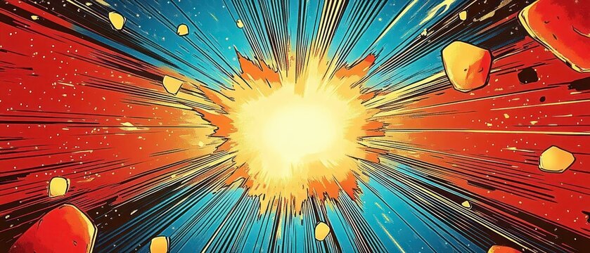 comic-style explosive energy burst at center with flying rocks, radiant yellow light, red and blue speed lines, dramatic dynamic impact and intense motion