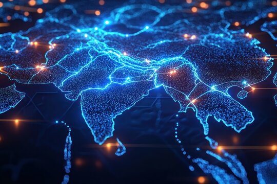 Glowing digital map of Asia with interconnected neon blue nodes, bright orange hubs and flowing light trails evoking futuristic connectivity and dynamic energy