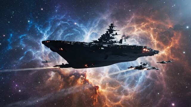Enormous space battlecruiser leading smaller ships