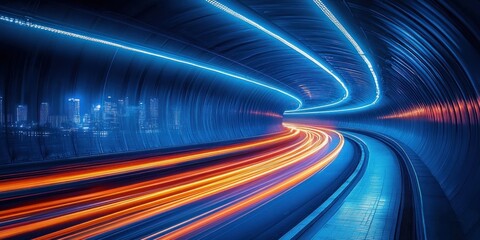 Curving illuminated tunnel with glowing blue LED ceiling and sweeping orange light trails on a reflective roadway, futuristic urban scene conveying speed and dynamic motion