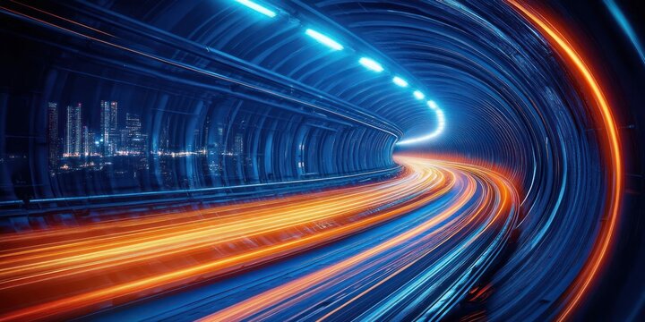 Curved futuristic tunnel with blue and orange light trails streaking toward a glowing exit and glass panels revealing a distant city skyline, conveying high-speed energy and motion - Powered by Adobe
