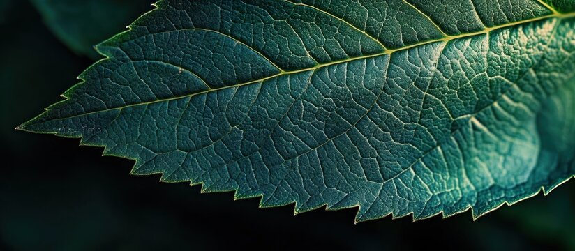 macro close-up of a serrated green leaf with intricate vein network and textured surface softly highlighted, evoking calm serenity