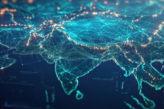 glowing digital map of south asia and southeast asia with turquoise network lines and orange city nodes conveying futuristic connectivity and dynamic data flow