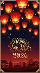 Happy New Year 2026.Happy new year 2026 with glowing red lanterns floating in the night sky isolated on transparent background