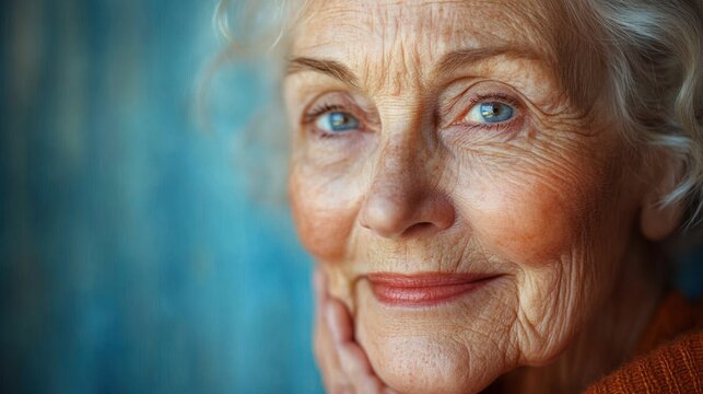 partial close-up portrait of a person with curly blonde hair wearing an orange knit sweater against a teal textured background, quiet contemplative mood