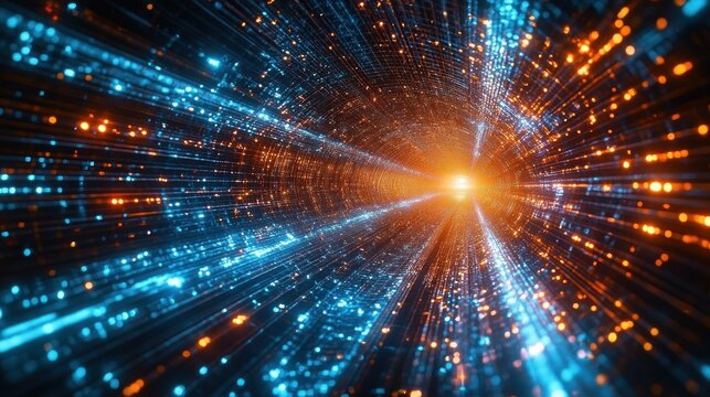 blue and orange glowing particle tunnel with streaking light rays converging to a bright central point, evoking speed and futuristic energy - Powered by Adobe