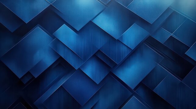 overlapping layered blue geometric panels and squares with metallic texture, gradients and deep shadows creating a cool, calm, futuristic abstract composition