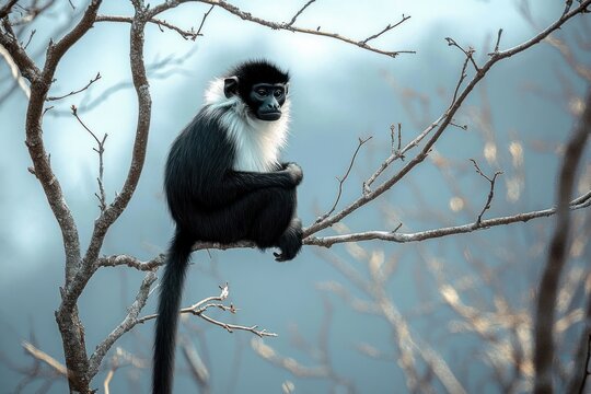 Solitary black and white colobus monkey perched on bare tree branch in a misty blue forest, calm and contemplative mood