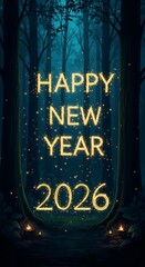 Happy New Year 2026.Magical glowing text happy new year 2026 in a dark enchanted forest isolated on transparent background