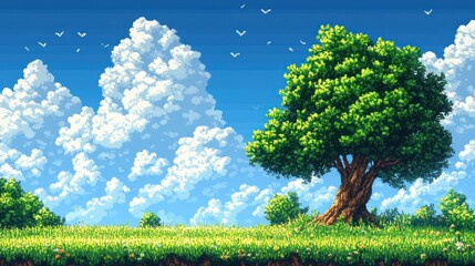 Sunlit solitary tree on a flower-strewn grassy meadow beneath towering fluffy cumulus clouds and a bright blue sky, birds soaring overhead, evoking peaceful nostalgic calm