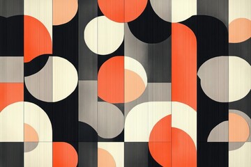 Retro geometric mural of overlapping circles, semicircles and rounded rectangles in orange, cream, gray and black, creating a rhythmic balanced modern abstract pattern