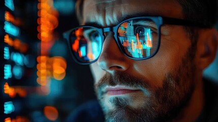 Close-up of glasses and ear with orange and blue LED reflections and vertical bokeh light columns in a dim tech environment conveying focused contemplative mood
