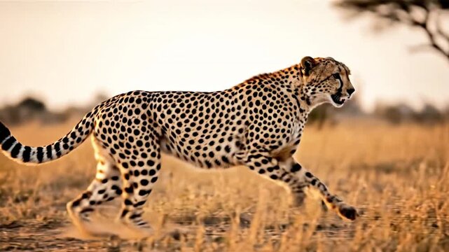 Majestic cheetah sprinting at high speed across the African savannah in stunning wildlife footage. - Powered by Adobe