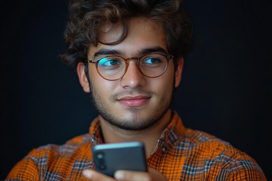young man in orange plaid shirt intently looking at smartphone against dark background
