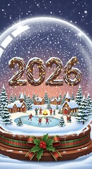 Happy New Year 2026.Festive 2026 new year celebration inside a snow globe with a winter village scene isolated on transparent background