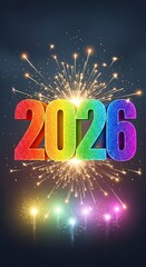 Happy New Year 2026.Vibrant rainbow colored 2026 numbers with sparkling fireworks isolated on transparent background