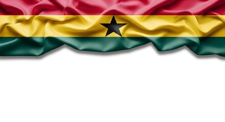Vibrant national flag of Ghana with red, yellow, and green stripes and a black star, draped and waving gracefully on a white background.