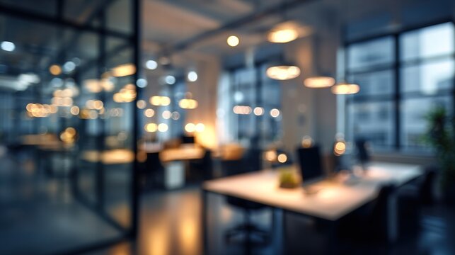 Modern blurred office space in the evening with contemporary workspace design, showcasing abstract business background with soft lighting and professional corporate atmosphere for work and productivit