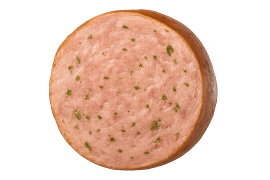 Salami slice, seasoned sausage with herbs, top view of cold cut meat on transparent background