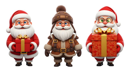 Three cartoon santa claus characters holding gifts, one in winter attire