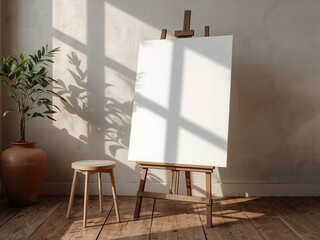 Artistic studio mockup with blank canvas on easel. Sunlit room with plant shadows and wooden stool.