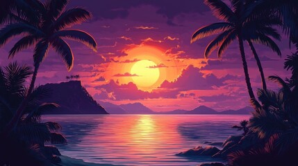 Glowing tropical sunset over a calm ocean framed by palm tree silhouettes, distant island peaks and rocky shoreline reflecting warm purple and orange light, serene and dreamy