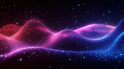 Glowing neon particle waves forming a flowing mesh of blue and pink curves against a dark starry background, evoking calm futuristic wonder