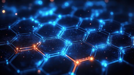 Glowing blue hexagonal grid with glassy connectors and scattered orange illuminated nodes, floating particles and deep bokeh, evoking futuristic connectivity and mysterious high-tech energy