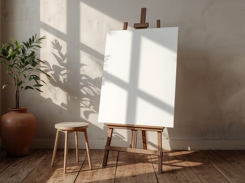 Artistic studio mockup with blank canvas on easel. Sunlit room with plant shadows and wooden stool.