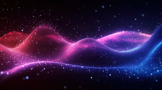 Glowing neon particle waves forming a flowing mesh of blue and pink curves against a dark starry background, evoking calm futuristic wonder