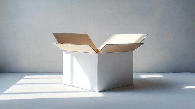 Empty white cardboard box with open flaps on a tabletop bathed in soft sunlight and shadows, minimalist calm scene evoking quiet anticipation