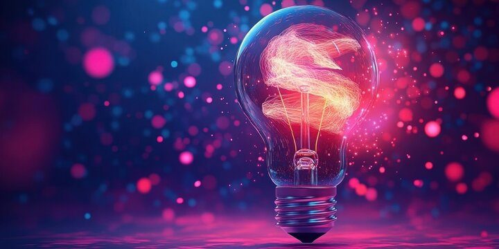 glowing glass light bulb with a swirling neon filament shaped like a brain, surrounded by pink and blue bokeh and sparkling particles, evoking wonder and creative inspiration