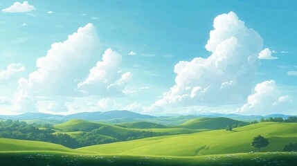 Sunlit rolling green hills and meadow with wildflowers and scattered trees beneath a vast blue sky filled with towering white cumulus clouds, peaceful and serene atmosphere