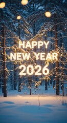 Happy New Year 2026.Happy new year 2026 illuminated text in a snowy forest at night isolated on transparent background