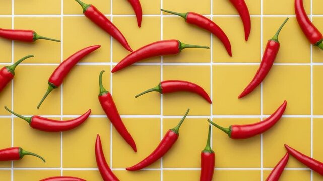 Vibrant red hot chili peppers arranged in a dynamic flat lay pattern. Spicy food ingredient concept perfect for a panoramic banner or website header for culinary content