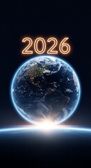 Happy New Year 2026.Glowing 2026 text above a futuristic illuminated earth isolated on transparent background