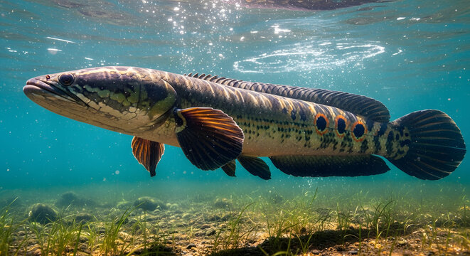 Giant Snakehead Fish Swimming Underwater in Clear Water.