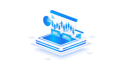 Stock market isometric trading platform with buy and sell interface, financial chart, and market data analytics in blue digital style